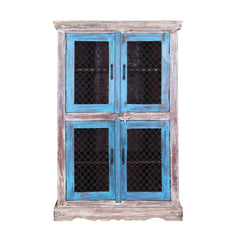 Jali Rustic Mango Wood Iron Grill Door Large Display Cabinet