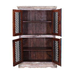 Jali Rustic Mango Wood Iron Grill Door Large Display Cabinet