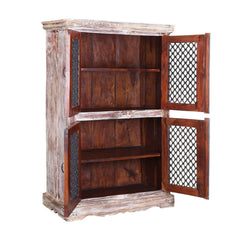 Jali Rustic Mango Wood Iron Grill Door Large Display Cabinet