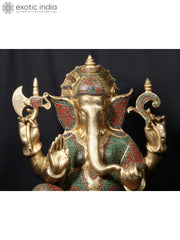 Indian Lord Ganesha Handmade Brass Statue With Stone Work