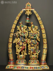 Indian Lord Radha Krishna with Arch Showing Krishna Leela Brass Statue With Inlay Work