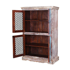 Jali Rustic Mango Wood Iron Grill Door Large Display Cabinet