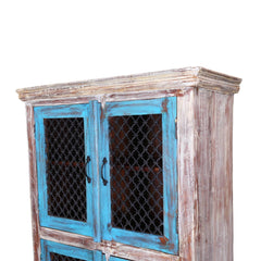 Jali Rustic Mango Wood Iron Grill Door Large Display Cabinet