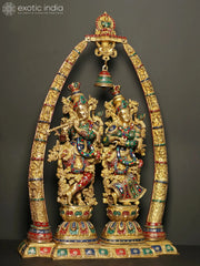 Indian Lord Radha Krishna with Arch Showing Krishna Leela Brass Statue With Inlay Work
