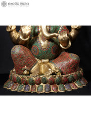 Indian Lord Ganesha Handmade Brass Statue With Stone Work