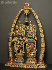 Indian Lord Radha Krishna with Arch Showing Krishna Leela Brass Statue With Inlay Work