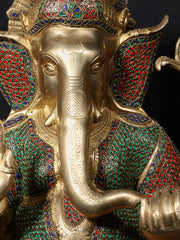 Indian Lord Ganesha Handmade Brass Statue With Stone Work