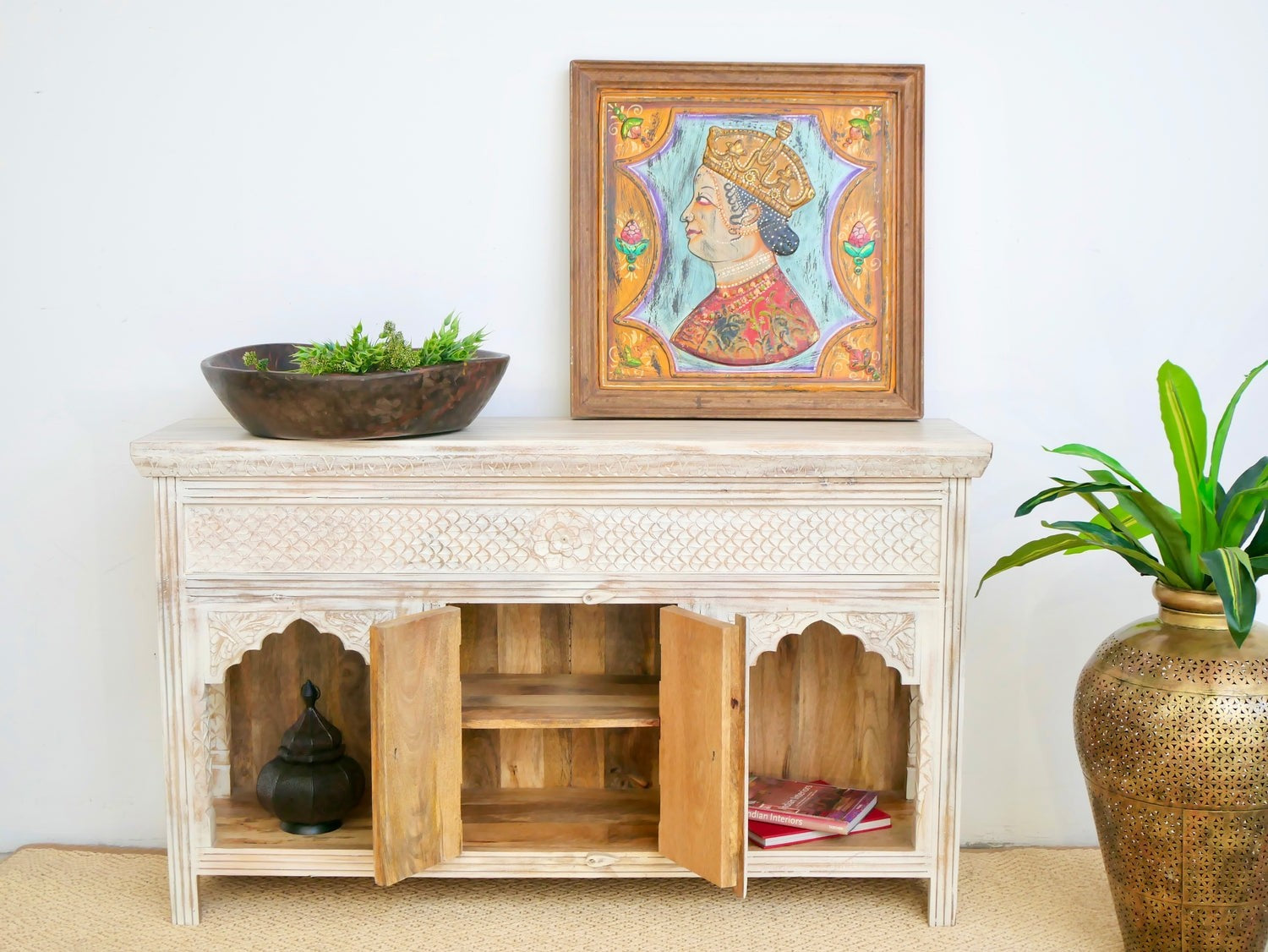 Kalah Hand Carved Solid Wooden Sideboard Buffet White 150x90x40cm KLA0160  -  