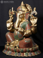 Indian Lord Ganesha Handmade Brass Statue With Stone Work