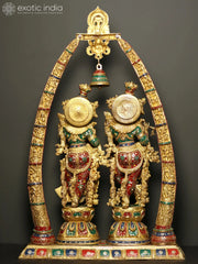 Indian Lord Radha Krishna with Arch Showing Krishna Leela Brass Statue With Inlay Work