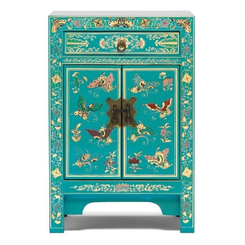 Golden Dragon Oriental Painted Solid Wood Blue Bedside Cabinet 40x35x60cm