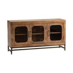 Indian Hand Carved Mango Wood Glass Door Sideboard Natural