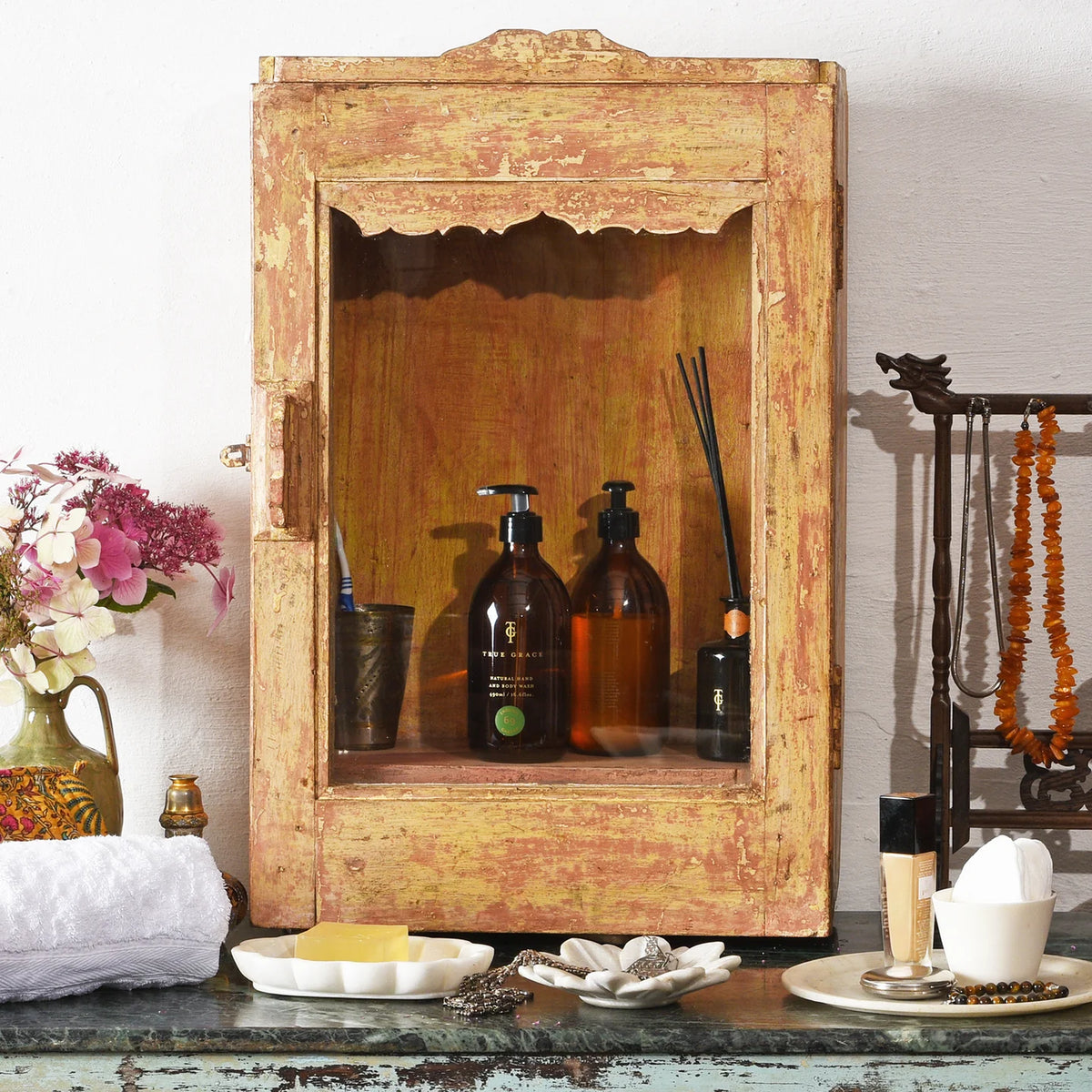 Indian Hand Carved Glass Door Solid Wood Small Cabinet D21