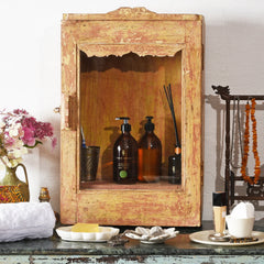 Indian Hand Carved Glass Door Solid Wood Small Cabinet D21