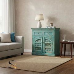 Indian Hand Carved Solid Wood Cabinet Light Blue D135