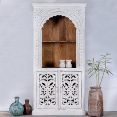 Mehrab Solid Mango Wood Indian Hand Carved Bookshelf White 90x40x180cm  -  