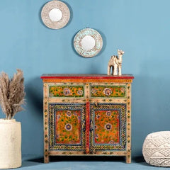 Brush & Timber Handpainted Solid Mango Wood 2 Door 2 Drawers in Multicolor