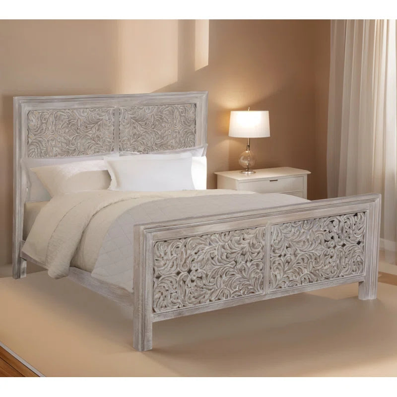 Indian Hand Carved Solid Wood Bed Frame Whitewash 03