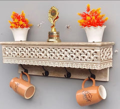 Handmade Home Decor Carved Mango Wood Floating Wall Shelf in White