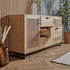 Rattan Elegance Series Mango Wood Cane 2Doors Sideboard With Drawers