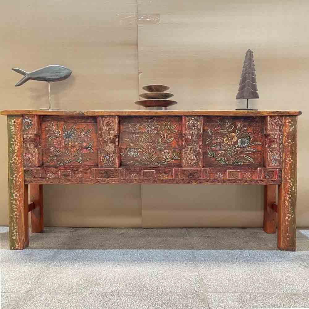 Antique Indian Hand Carved Solid Hard Wood Console Table in Floral Pattern In Orange 175x40x85Cm