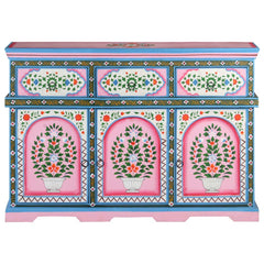 Indian Hand Painted Solid Wood Sideboard In Multicolour