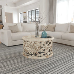 Pine Grove Handcrafted Mango Wood Carved Round Coffee Table Rustic White