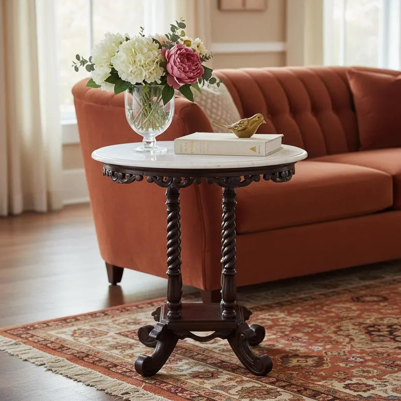 Vintage Hand Carved Solid Wood And Marble Bedside Table 40