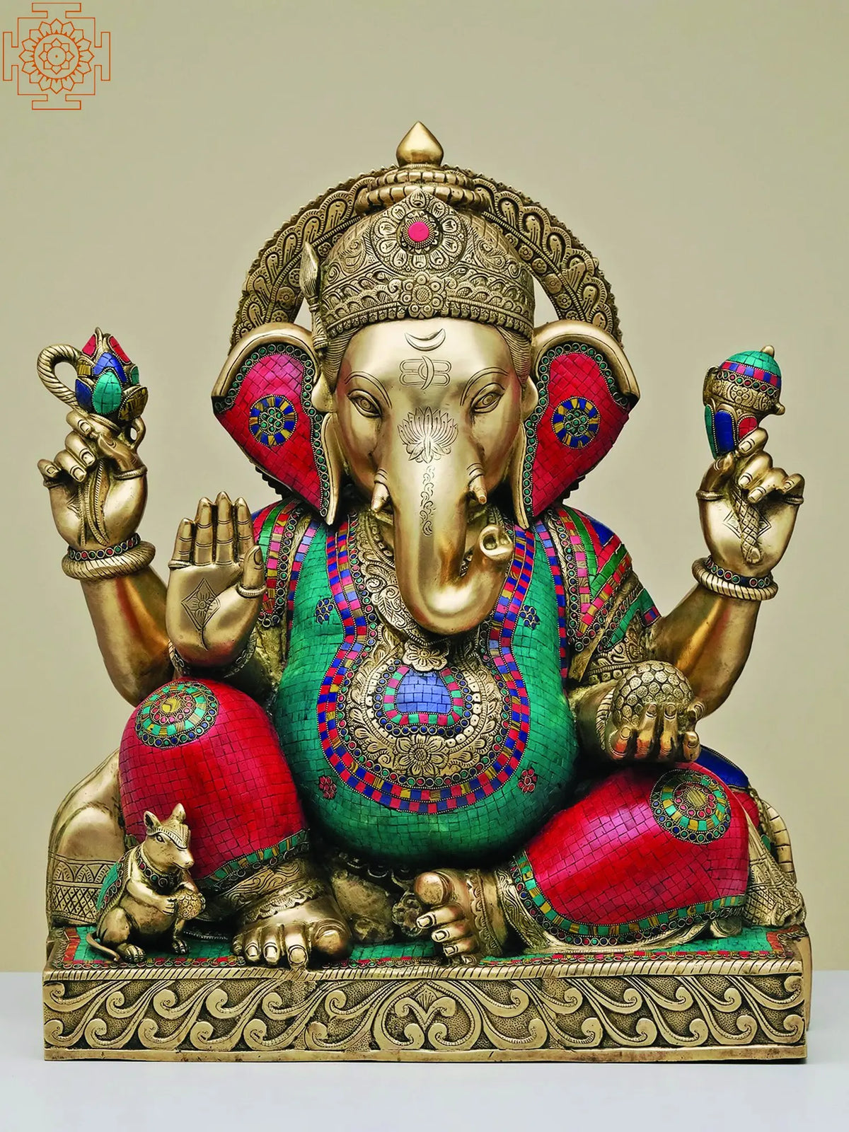 Indian Lord Ganesha Handmade Brass Statue With Inlay Work
