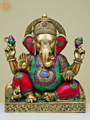 Indian Lord Ganesha Handmade Brass Statue With Inlay Work