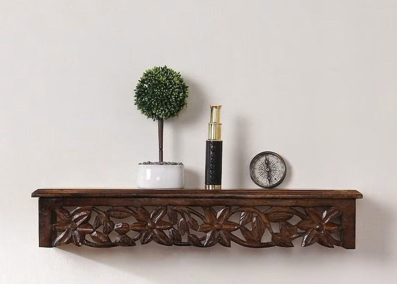 Handmade Home Decor Carved Mango Wood Floating Wall Shelf in Brown