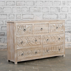 Indian Handmade Carved Solid Wood Drawer Sideboard Whitewash