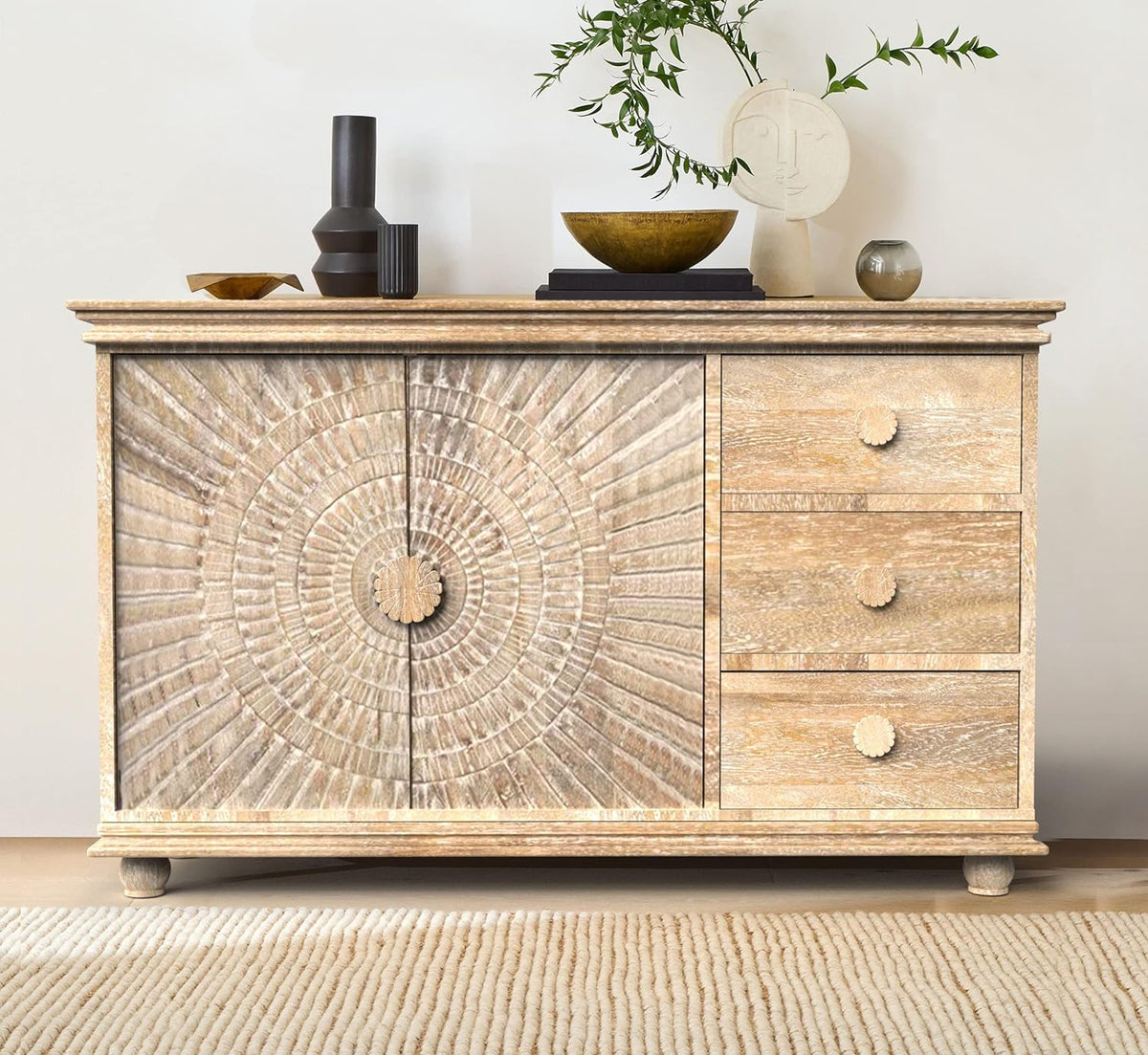 Corsica Sunburst Carved Solid Mango Wood Sideboard Storage Cabinet & Chest Farmhouse White