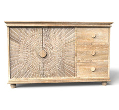 Corsica Sunburst Carved Solid Mango Wood Sideboard Storage Cabinet & Chest Farmhouse White