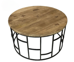 Handmade Solid Mango Wood Round Coffee Table with Metal Stand