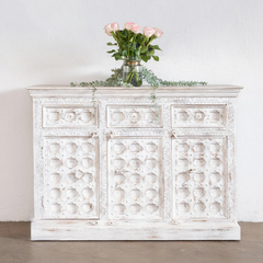 Heritage Heirlooms Solid Mango Wood Hand Carved Cabinet in All White