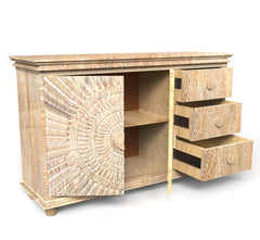 Corsica Sunburst Carved Solid Mango Wood Sideboard Storage Cabinet & Chest Farmhouse White