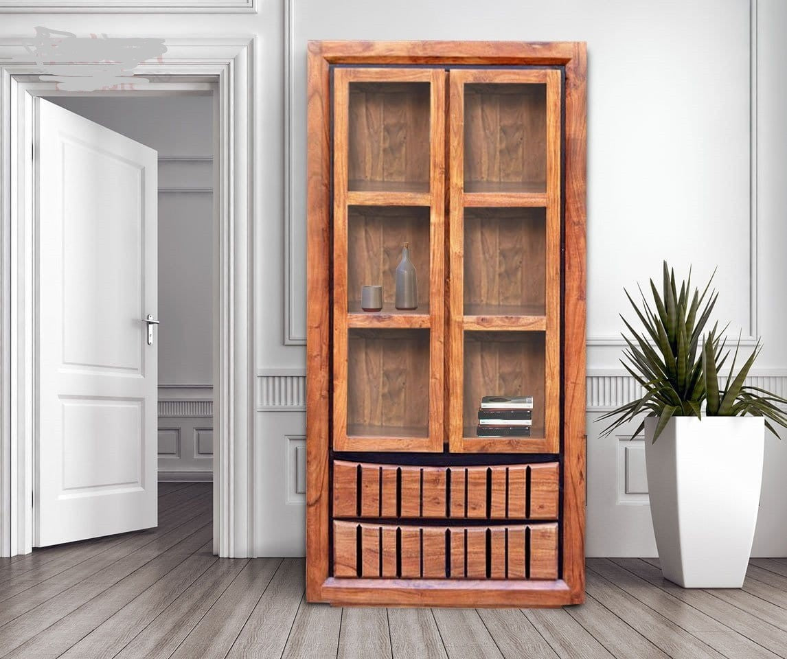 Shutter Indian Solid Wood Cabinet With Glass Doors Natural D 40 x W 100 x H 200 Cm