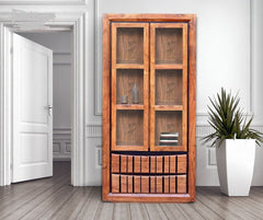 Shutter Indian Solid Wood Cabinet With Glass Doors Natural D 40 x W 100 x H 200 Cm