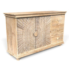 Corsica Sunburst Carved Solid Mango Wood Sideboard Storage Cabinet & Chest Farmhouse White