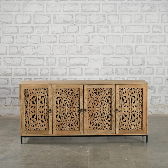 Carved Oasis Hand Carved Floral Carvings Wooden Sideboard Natural Finish