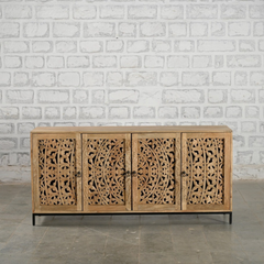 Carved Oasis Hand Carved Floral Carvings Wooden Sideboard Natural Finish