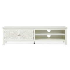 Carved Oasis Hand Carved Solid Mango Wood TV Unit Cabinet In White Color