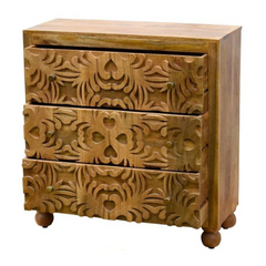 Carved Oasis Hand Carved Solid Mango Wood Floral Carvings Chest of Drawers Natural