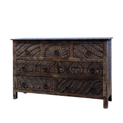 Carved Oasis Hand Carved Solid Mango Wood Floral Carvings Chest of Drawers Dark Brown