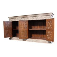 Carved Oasis Hand Carved Solid Mango Wood 4 Doors Sideboard Rustic White