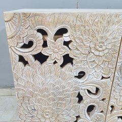 Indian Handmade Carved Solid Hard Wood Floral Design Sideboard Natural 100x40x80Cm