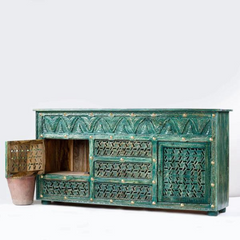 Carved Oasis Hand Carved Solid Mango Wood Floral Carvings Sideboard in Rustic Green