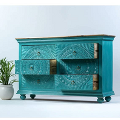 Carved Oasis Hand Carved Solid Mango Wood Chest of Drawers in Blue