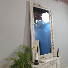 Handcrafted Indian Furniture Carved Solid Hard Wood Oriental Style Mirror Frame White 180x100cm